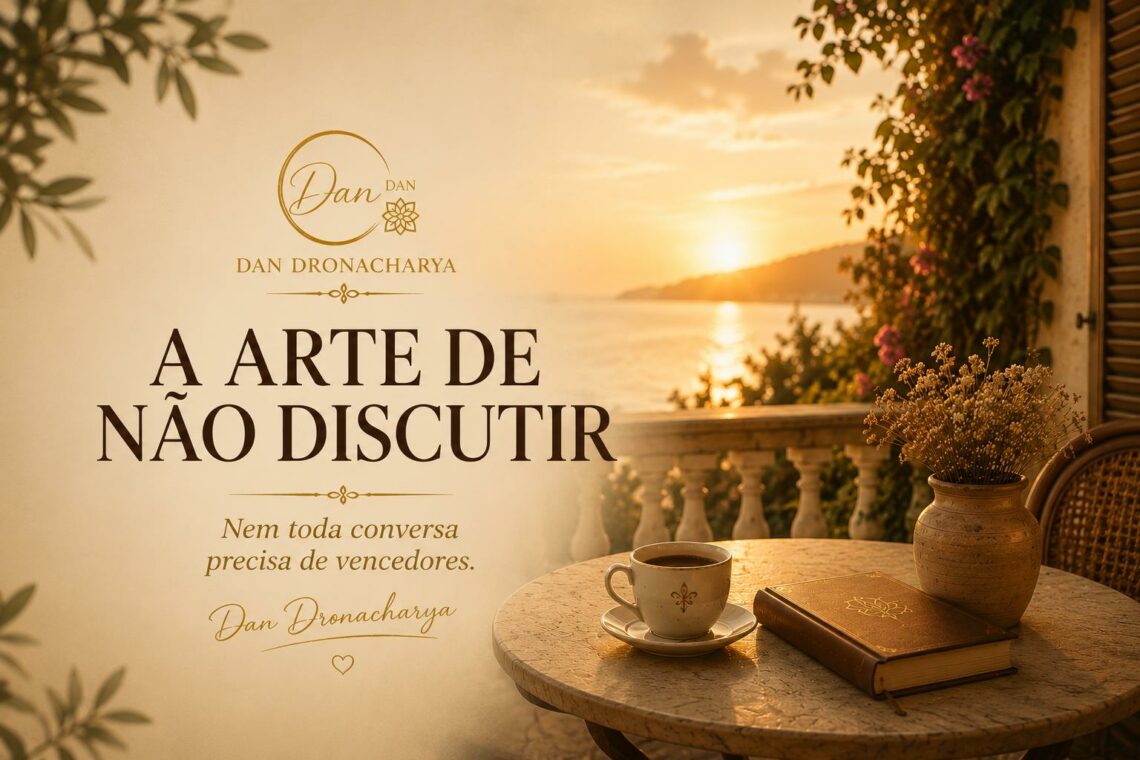 Varanda iluminada pelo pôr do sol com livro e chávena de café representando a arte de não discutir, a paz interior e a inteligência emocional.